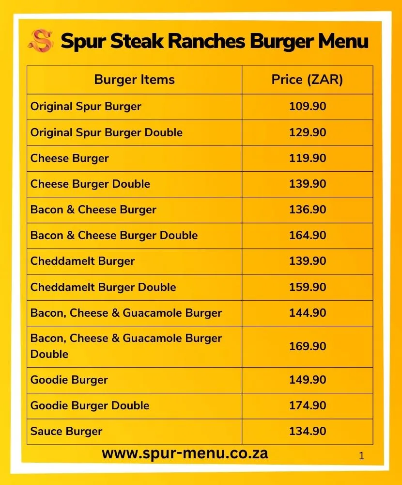 Spur Steak Ranches Burger Menu with details and prices