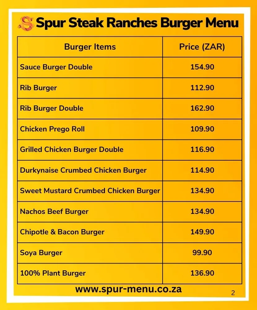 Spur Steak Ranches Burger Menu with details and prices