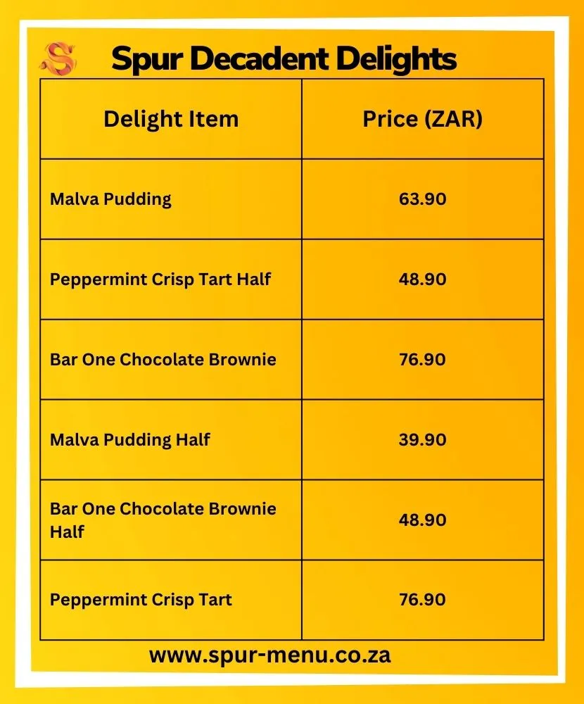 Spur Steak Ranches Decadent Delights menu prices