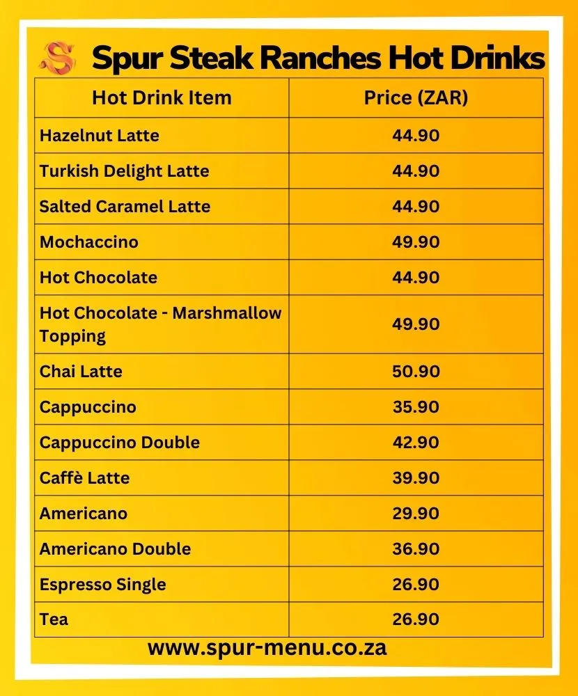 Spur Steak Ranches Hot Drinks Menu Prices