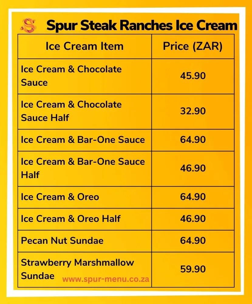 Spur Steak Ranches Ice Cream Menu