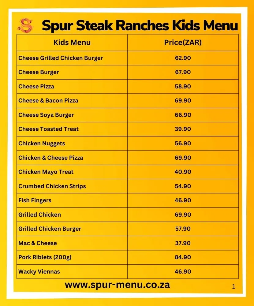 Spur Steak Ranches Kids Menu Prices