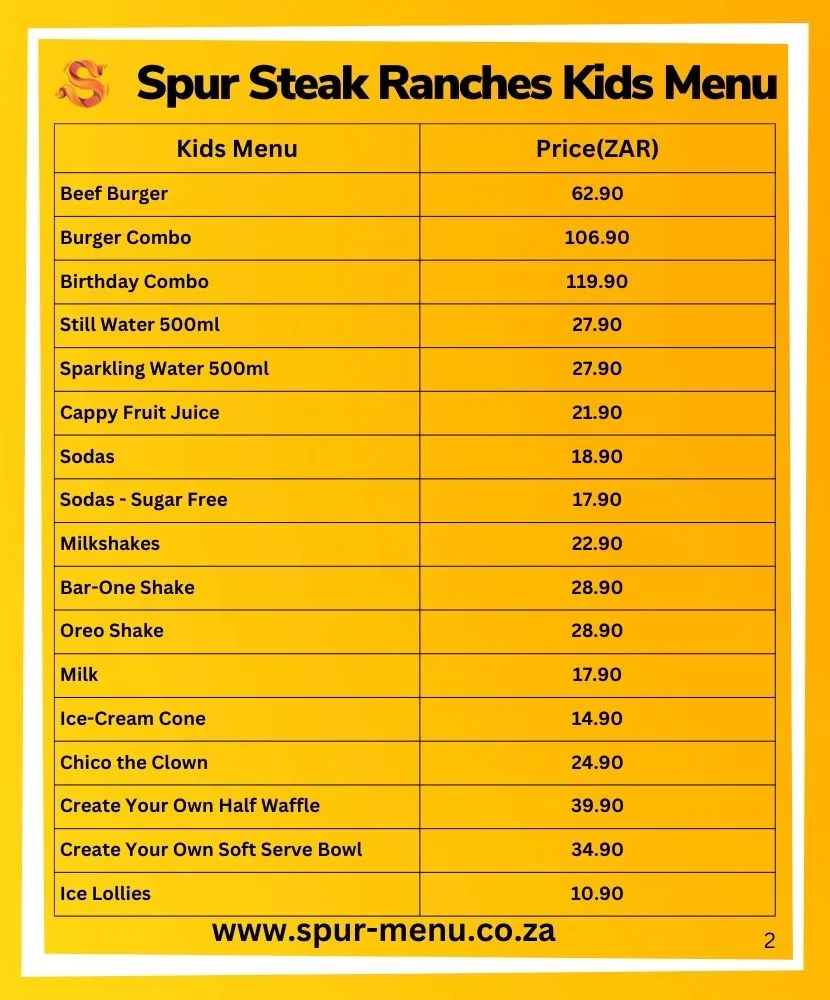 Spur Steak Ranches Kids Menu Prices