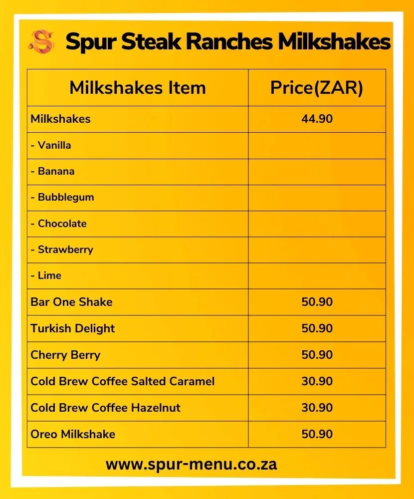 Spur Steak Ranches Milkshakes Menu Prices