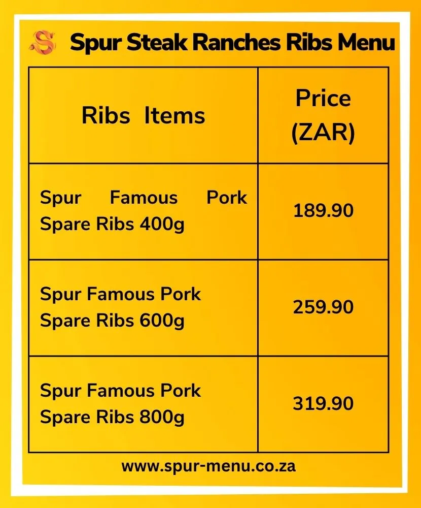 Spur Steak Ranches Ribs Menu