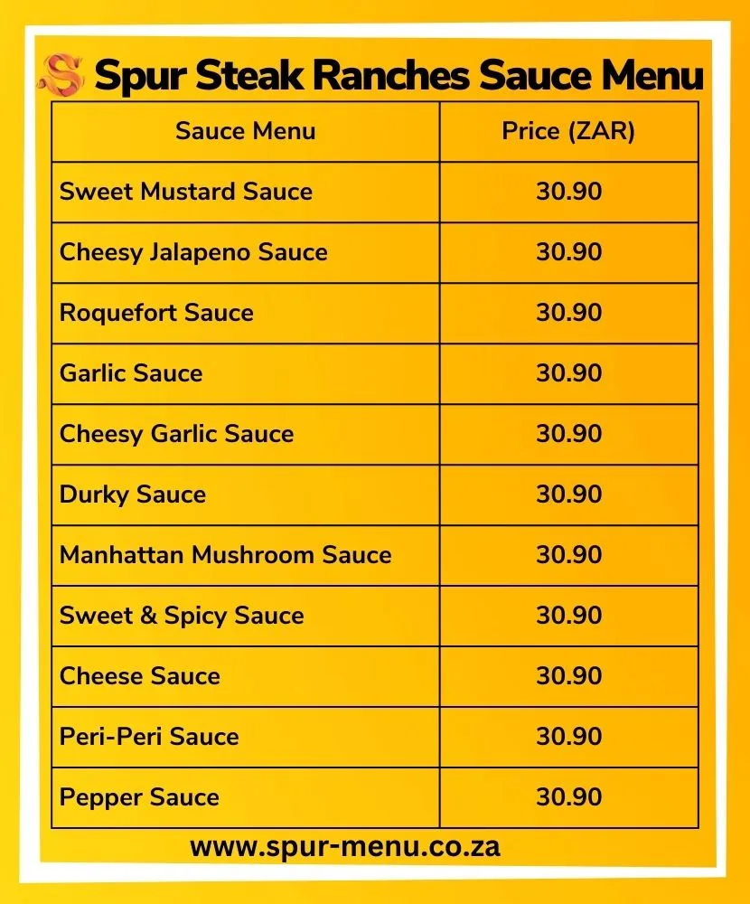 Spur Steak Ranches Sauce menu with details and prices