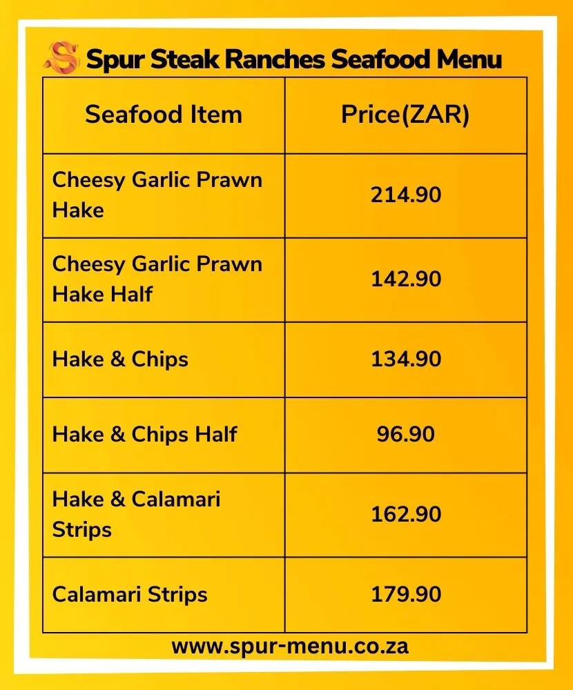 Spur Steak Ranches Seafood Menu With Price