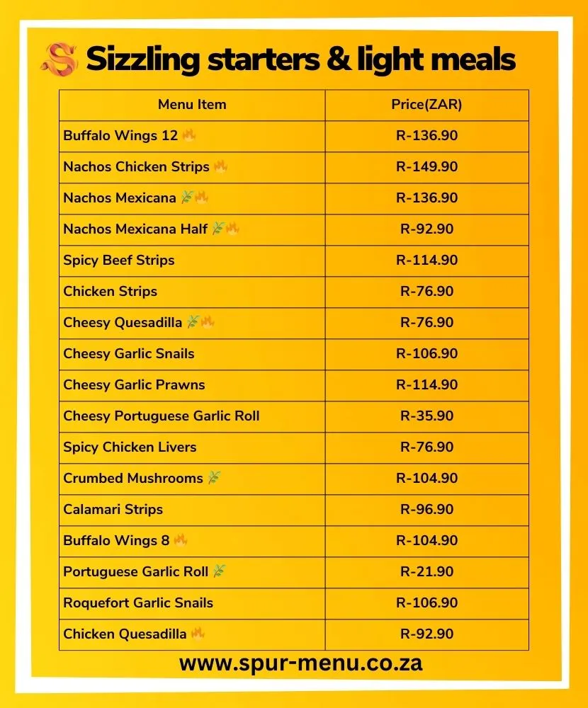 Spur Sizzling Starters & Light Meals Menu Prices