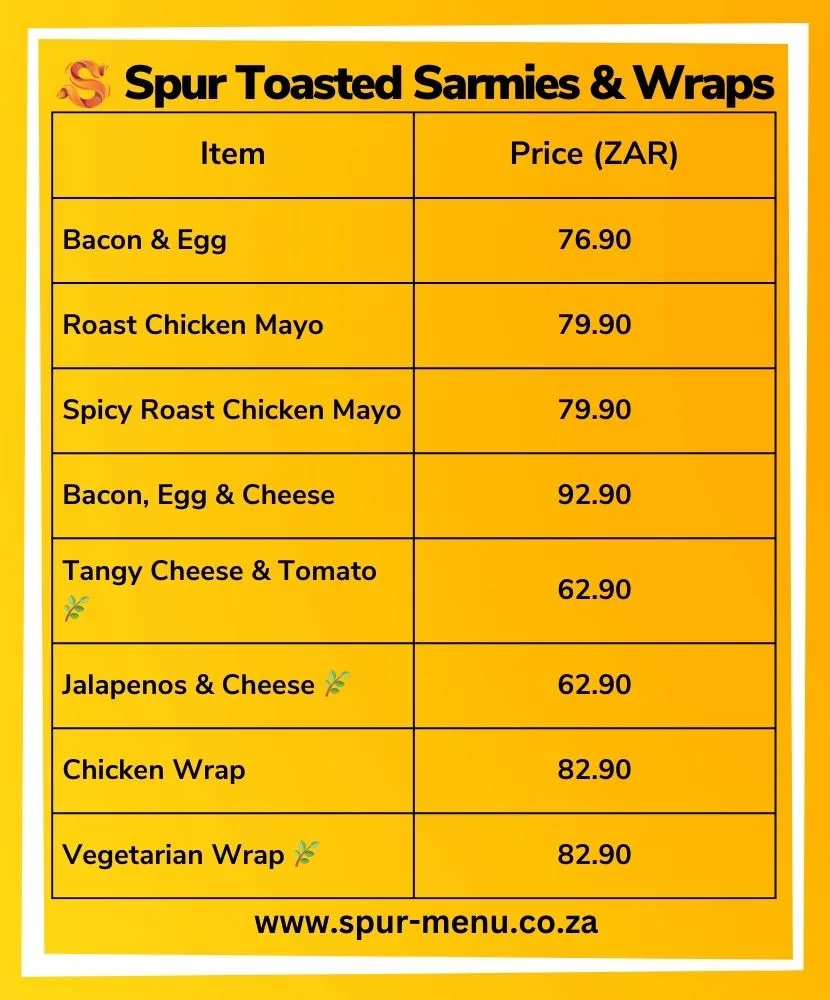 Spur Steak Ranches Toasted Sarmies & Wraps Menu Prices