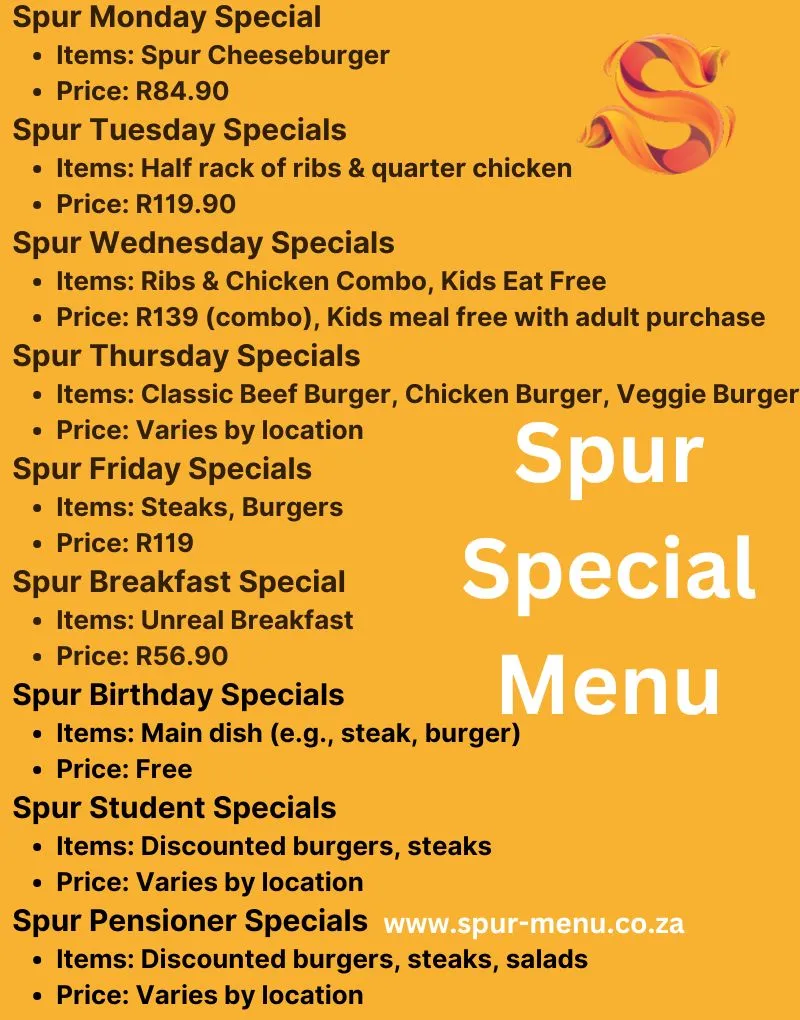 Spur Today Special Menu Prices And Description