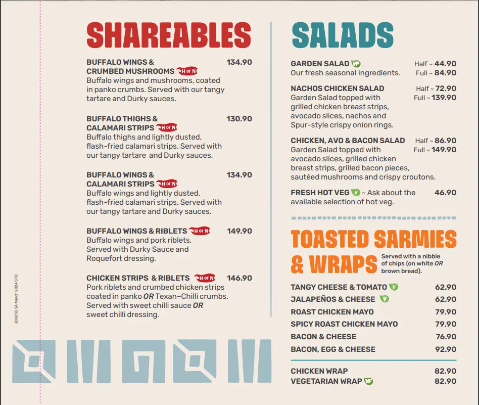 Spur menu Sharebables, Salads And Toasted Sarmies & Wraps Menu