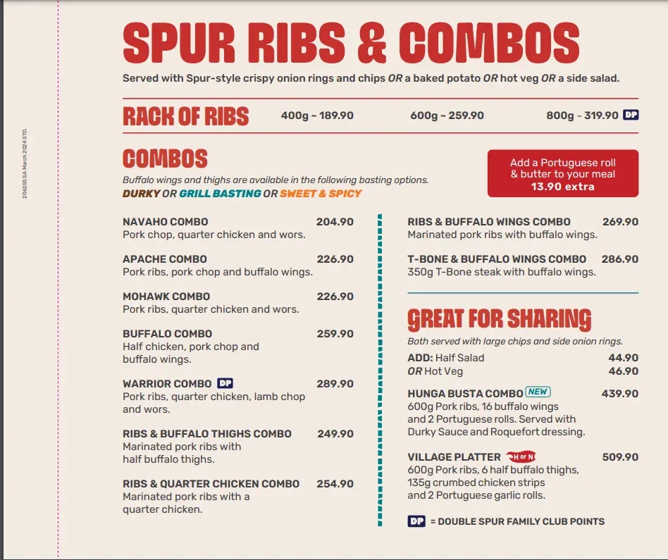 Spur Ribs & Combos Menu