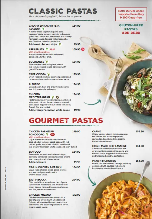 Panarottis Pastas Menu