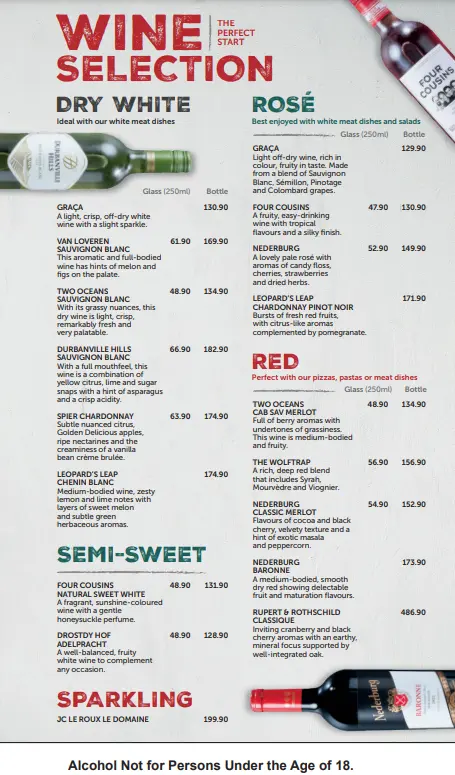 Panarottis wine Menu